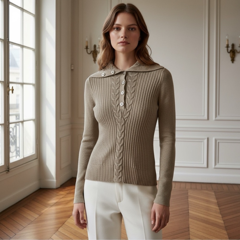 St. John Yellow Label 1/4 Button Metallic Gold Thread Beige Sweater Size P